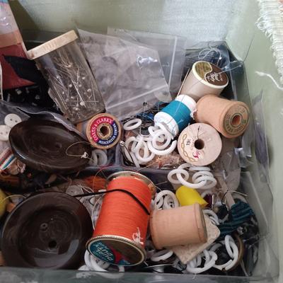 LOT 122: Wicker Trunk, Small Woven Tapestry, Sewing Notions & More