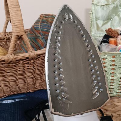 LOT 122: Wicker Trunk, Small Woven Tapestry, Sewing Notions & More