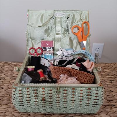 LOT 122: Wicker Trunk, Small Woven Tapestry, Sewing Notions & More