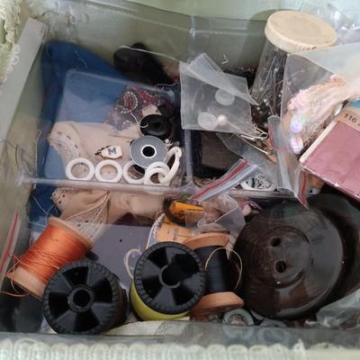 LOT 122: Wicker Trunk, Small Woven Tapestry, Sewing Notions & More