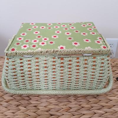 LOT 122: Wicker Trunk, Small Woven Tapestry, Sewing Notions & More