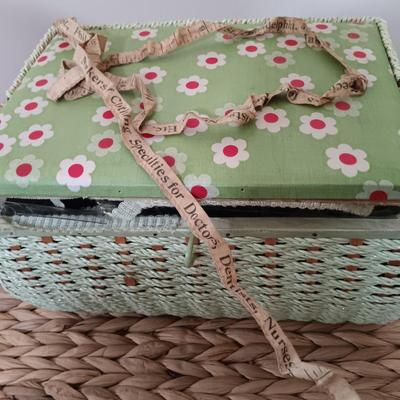 LOT 122: Wicker Trunk, Small Woven Tapestry, Sewing Notions & More