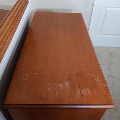 LOT 123: Wood Headboard, Framed Mirror and Dresser