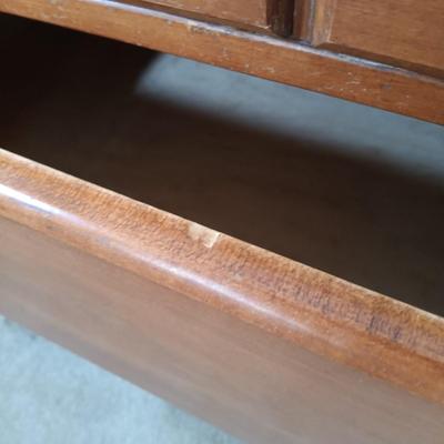 LOT 123: Wood Headboard, Framed Mirror and Dresser