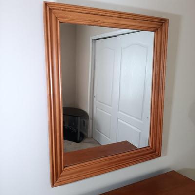 LOT 123: Wood Headboard, Framed Mirror and Dresser