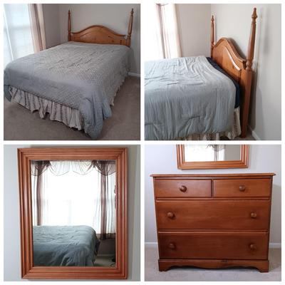 LOT 123: Wood Headboard, Framed Mirror and Dresser