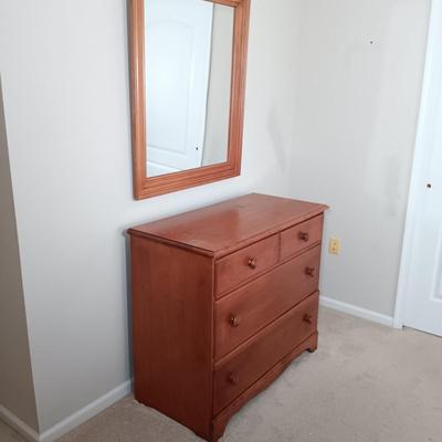 LOT 123: Wood Headboard, Framed Mirror and Dresser