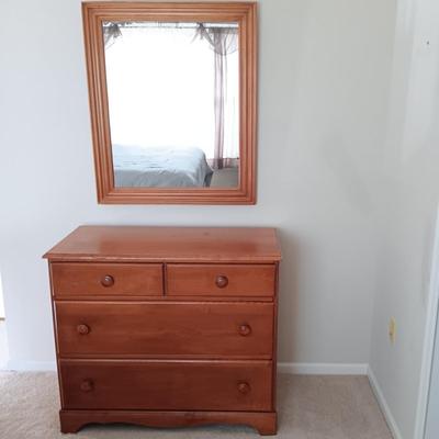 LOT 123: Wood Headboard, Framed Mirror and Dresser