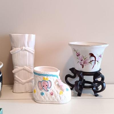 LOT 124: White Console Table with Baskets and Plant Holders