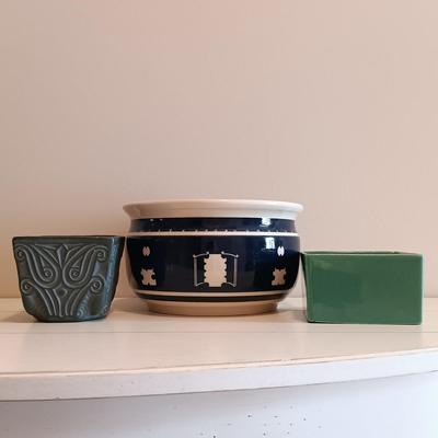 LOT 124: White Console Table with Baskets and Plant Holders