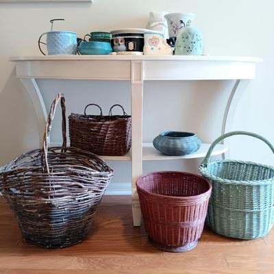 LOT 124: White Console Table with Baskets and Plant Holders