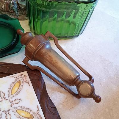 LOT 126: Brass Door Knocker, Tile and Wood Key Holder, Glass Art Bottle & More