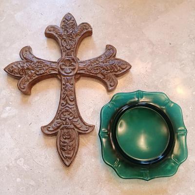 LOT 126: Brass Door Knocker, Tile and Wood Key Holder, Glass Art Bottle & More