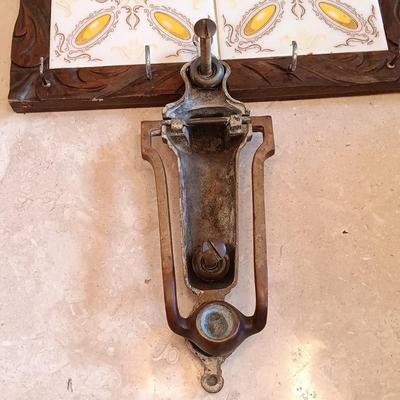 LOT 126: Brass Door Knocker, Tile and Wood Key Holder, Glass Art Bottle & More