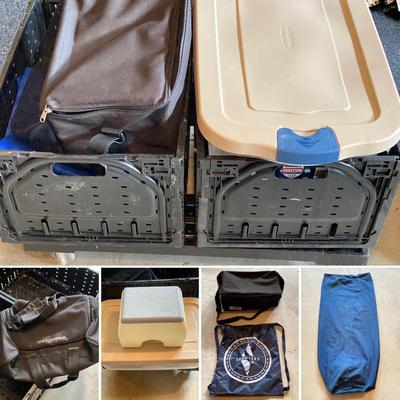 LOT 139: Rolling Dolly Cart with Storage Containers, Bags, Collapsible Crates and More