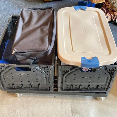 LOT 139: Rolling Dolly Cart with Storage Containers, Bags, Collapsible Crates and More