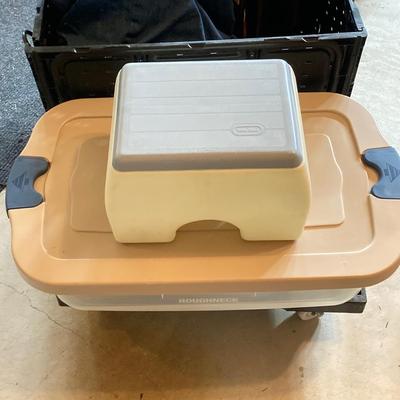 LOT 139: Rolling Dolly Cart with Storage Containers, Bags, Collapsible Crates and More