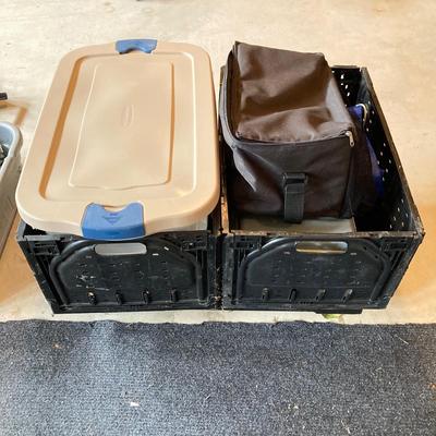 LOT 139: Rolling Dolly Cart with Storage Containers, Bags, Collapsible Crates and More