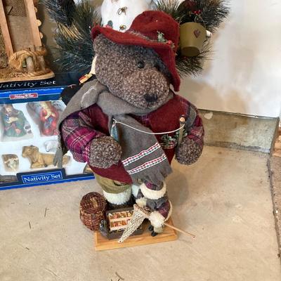 LOT 144: Collection of Christmas / Holiday Decor - Camo Snowman, Mooseltoe Season, Fishing Bear, Lighted Wreath, Nativity Scene and More