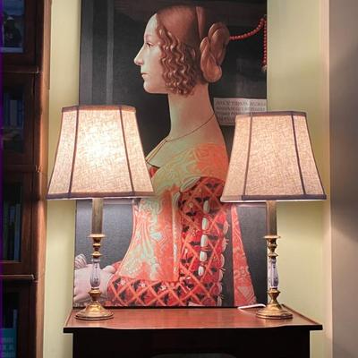 Pair Candlestick lamps brass and porcelain with silk/linen shades