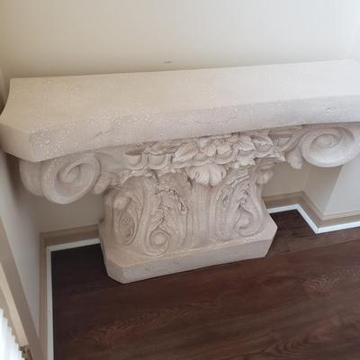 LOT 3M: Decorative Console Table, Pineapple Finial Statue & Framed Art Signed Alexander Ross