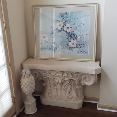 LOT 3M: Decorative Console Table, Pineapple Finial Statue & Framed Art Signed Alexander Ross