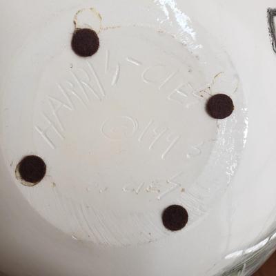 LOT 63MB: Ceramic Abstract Art Signed Harris Cies & Pair of Hand Carved Wooden Fish Statues