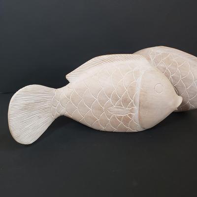 LOT 63MB: Ceramic Abstract Art Signed Harris Cies & Pair of Hand Carved Wooden Fish Statues