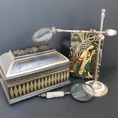 LOT 64: Black Lacquer Box, Large Wooden Gold & Black Box, Mother of Pearl Tabletop & Handheld Magnifying Glass