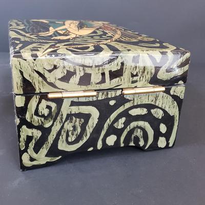 LOT 64: Black Lacquer Box, Large Wooden Gold & Black Box, Mother of Pearl Tabletop & Handheld Magnifying Glass