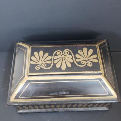 LOT 64: Black Lacquer Box, Large Wooden Gold & Black Box, Mother of Pearl Tabletop & Handheld Magnifying Glass