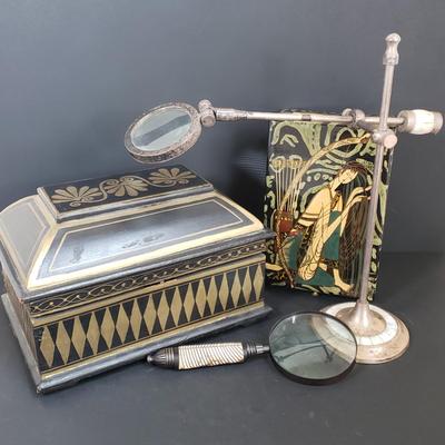 LOT 64: Black Lacquer Box, Large Wooden Gold & Black Box, Mother of Pearl Tabletop & Handheld Magnifying Glass