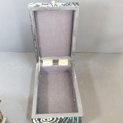 LOT 64: Black Lacquer Box, Large Wooden Gold & Black Box, Mother of Pearl Tabletop & Handheld Magnifying Glass