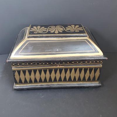 LOT 64: Black Lacquer Box, Large Wooden Gold & Black Box, Mother of Pearl Tabletop & Handheld Magnifying Glass