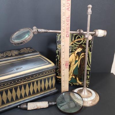 LOT 64: Black Lacquer Box, Large Wooden Gold & Black Box, Mother of Pearl Tabletop & Handheld Magnifying Glass