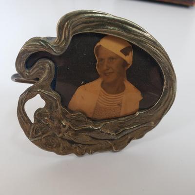 LOT 68MB: Antique Leather Sewing Kit, Art Nouveau Style Frame & Small Framed Art on Easel