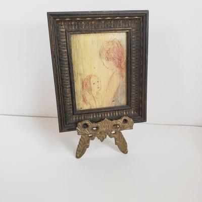 LOT 68MB: Antique Leather Sewing Kit, Art Nouveau Style Frame & Small Framed Art on Easel