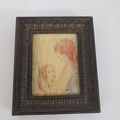 LOT 68MB: Antique Leather Sewing Kit, Art Nouveau Style Frame & Small Framed Art on Easel