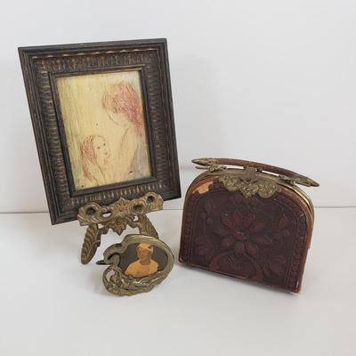 LOT 68MB: Antique Leather Sewing Kit, Art Nouveau Style Frame & Small Framed Art on Easel