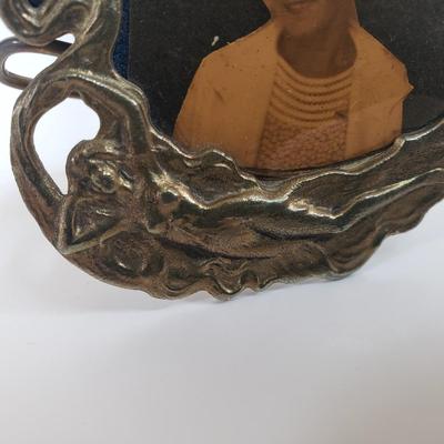 LOT 68MB: Antique Leather Sewing Kit, Art Nouveau Style Frame & Small Framed Art on Easel