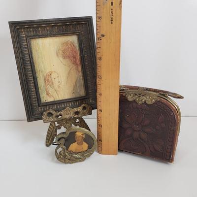 LOT 68MB: Antique Leather Sewing Kit, Art Nouveau Style Frame & Small Framed Art on Easel