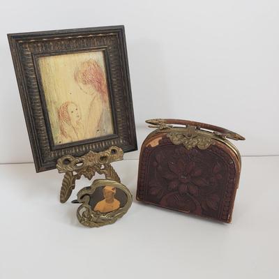 LOT 68MB: Antique Leather Sewing Kit, Art Nouveau Style Frame & Small Framed Art on Easel