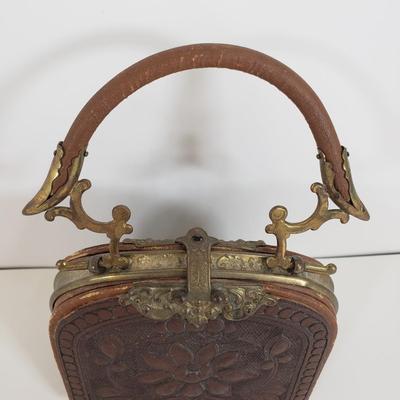 LOT 68MB: Antique Leather Sewing Kit, Art Nouveau Style Frame & Small Framed Art on Easel