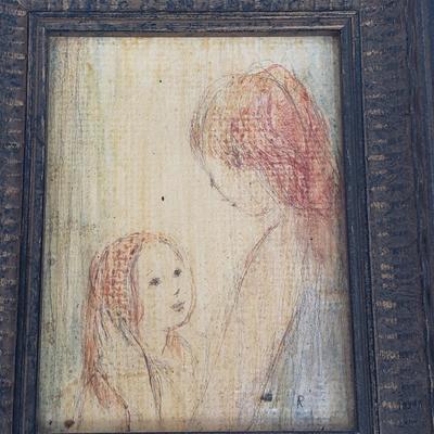 LOT 68MB: Antique Leather Sewing Kit, Art Nouveau Style Frame & Small Framed Art on Easel