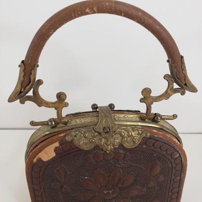 LOT 68MB: Antique Leather Sewing Kit, Art Nouveau Style Frame & Small Framed Art on Easel