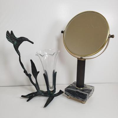 LOT 69MB: Vintage Brass Hummingbird Bud Vase & Marble Base Italian Vanity Mirror