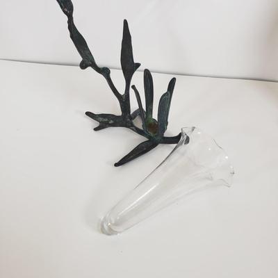 LOT 69MB: Vintage Brass Hummingbird Bud Vase & Marble Base Italian Vanity Mirror