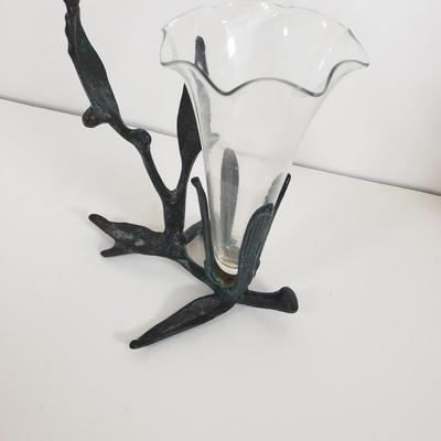 LOT 69MB: Vintage Brass Hummingbird Bud Vase & Marble Base Italian Vanity Mirror