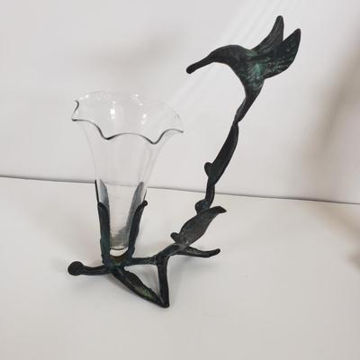 LOT 69MB: Vintage Brass Hummingbird Bud Vase & Marble Base Italian Vanity Mirror