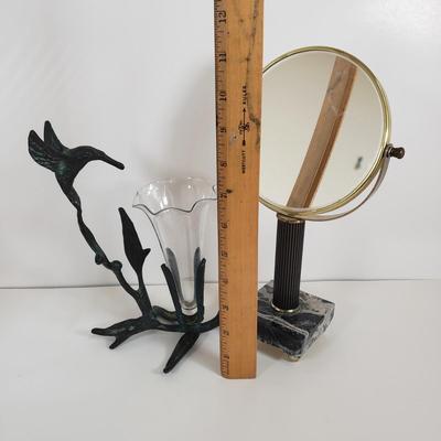 LOT 69MB: Vintage Brass Hummingbird Bud Vase & Marble Base Italian Vanity Mirror